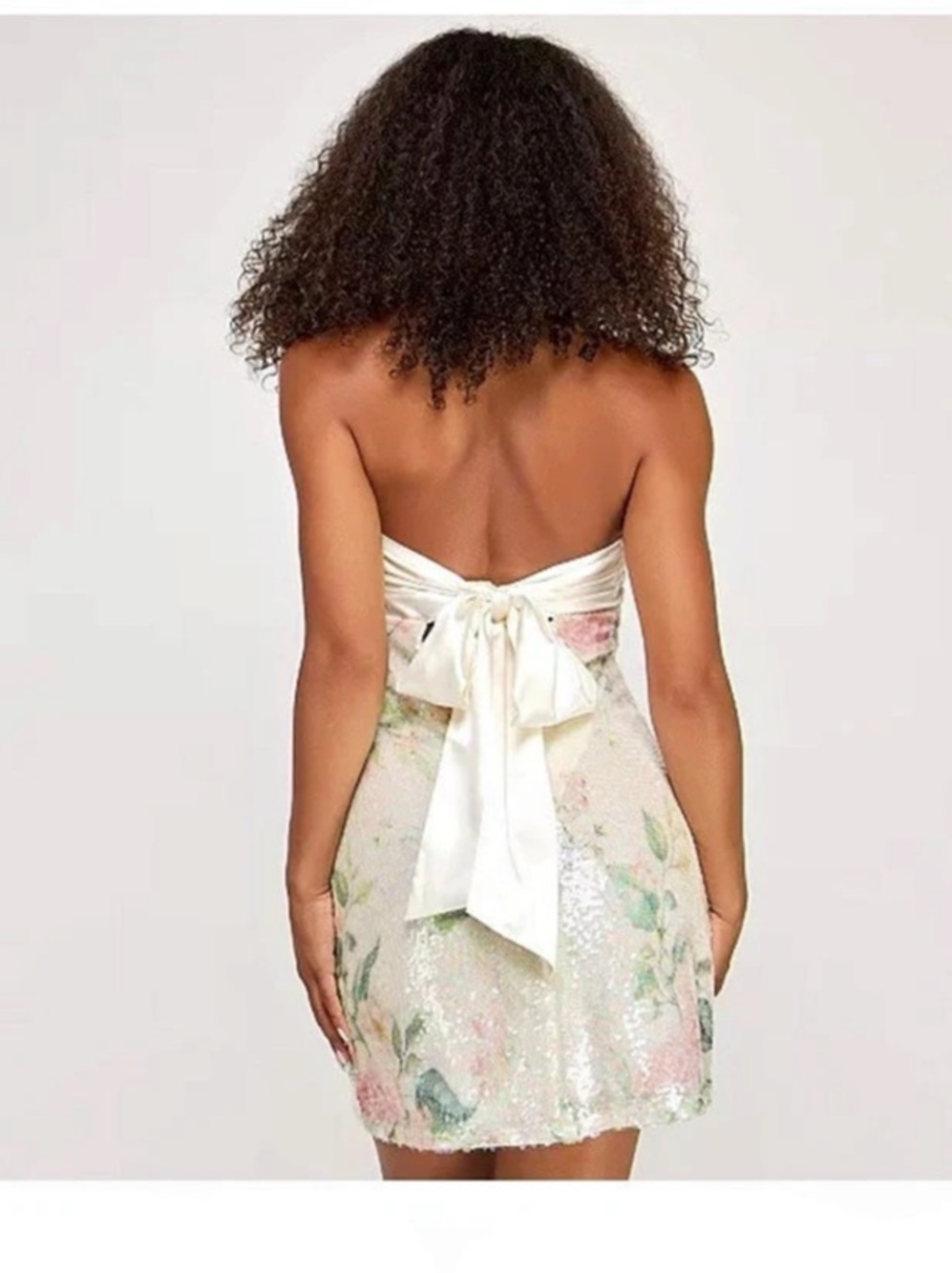 Seni & Cade Tropical Floral Sequin Strapless Mini Dress White & Pink